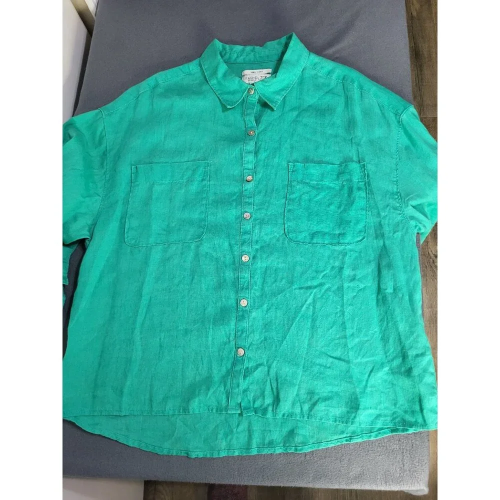 Rachel Zoe Women's XL Green 100% Linen Button Up Long Sleeved Blouse - Picture 6 of 8